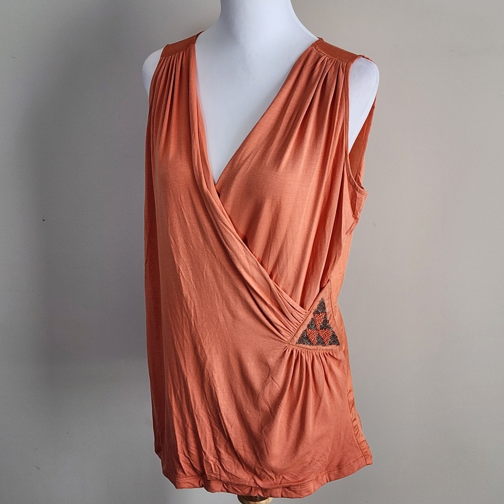 St. Martins Beaded Surplice Tank Top Womens Large Orange Cotton Silk Blend Boho